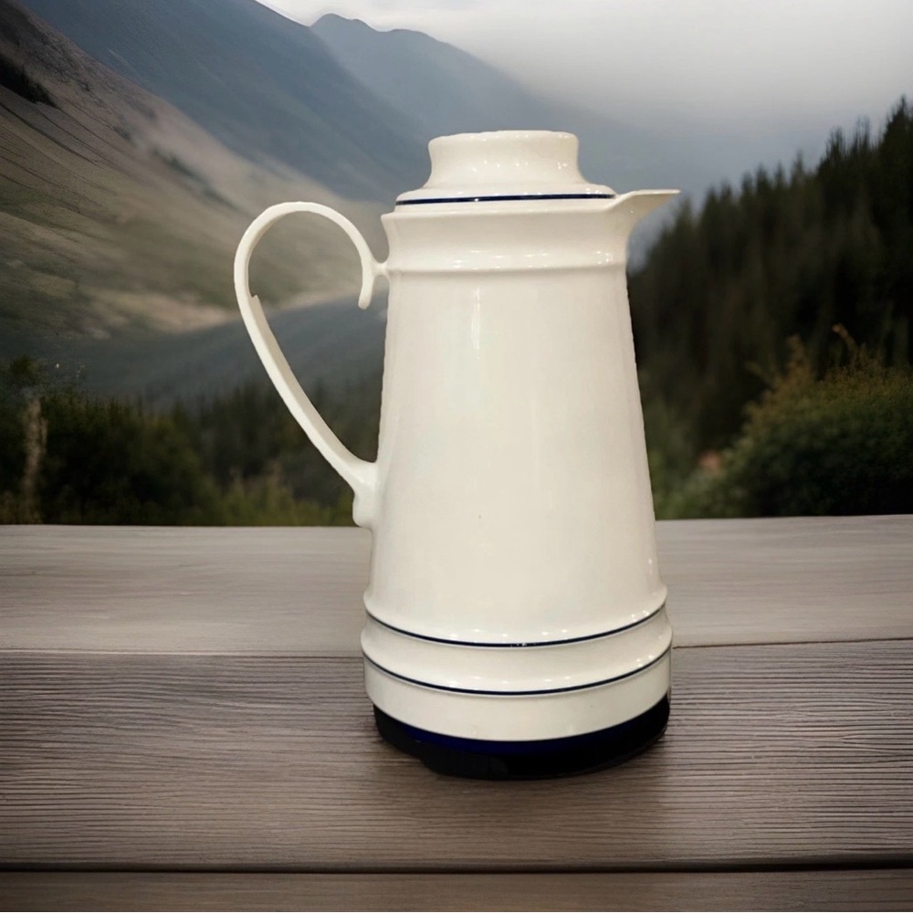 Vintage White and Blue Trimmed Coffee/Tea Carafe by Thermos